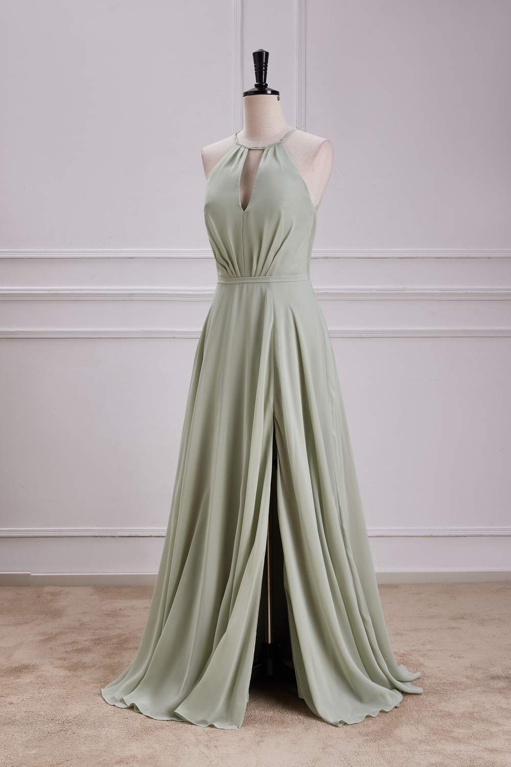 Dusty Sage Halter Keyhole A-line Long Bridesmaid Dress with Slit Custom Color / US 8