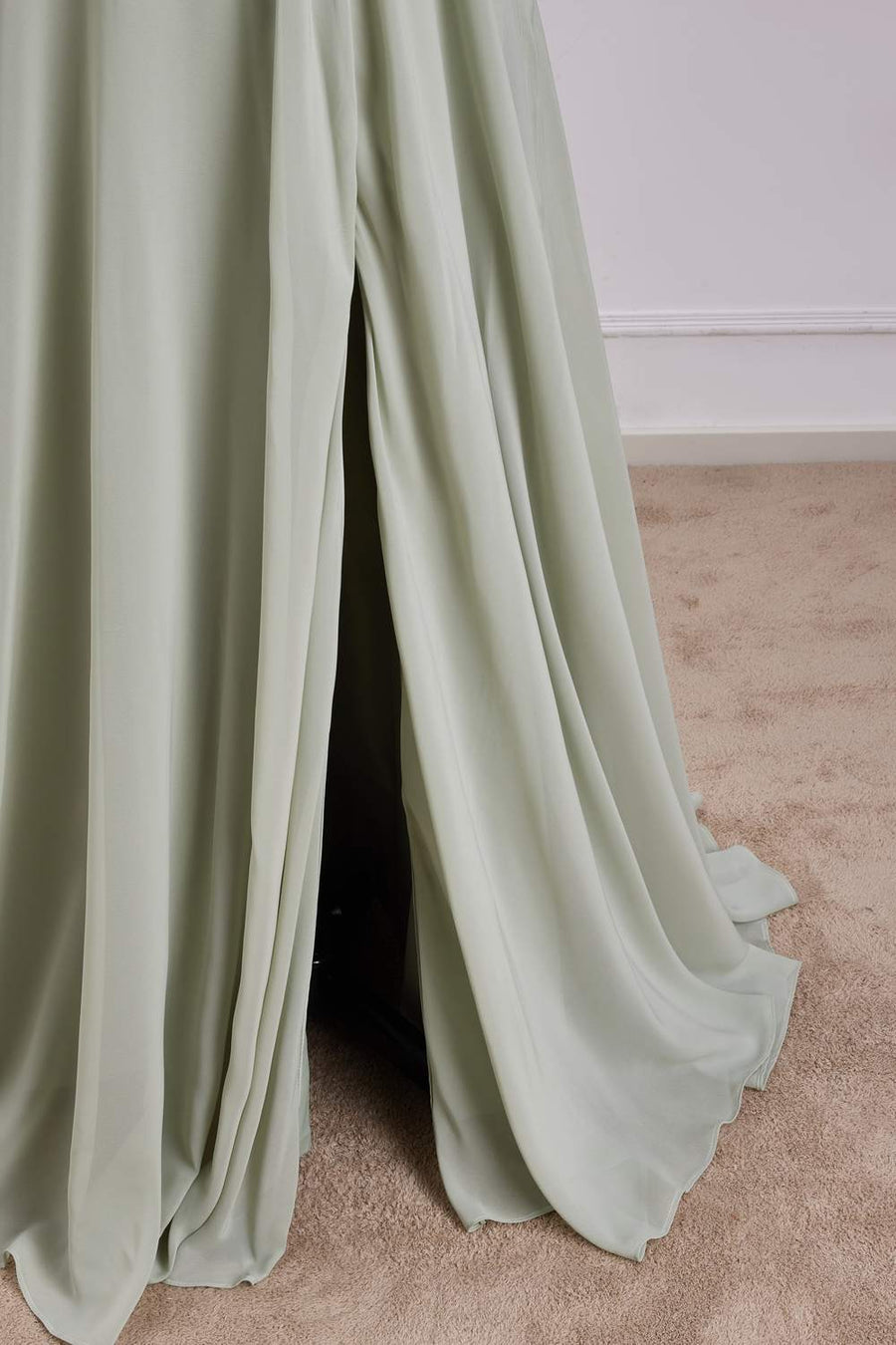 Dusty Sage Halter Keyhole A-line Long Bridesmaid Dress with Slit leg side closeup shot product image