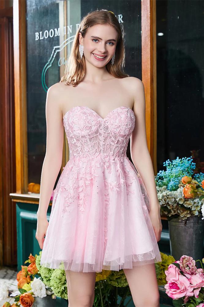 Blushing Pink Sweetheart Strapless Applique Lace-up A-line Mini Homecoming Dress