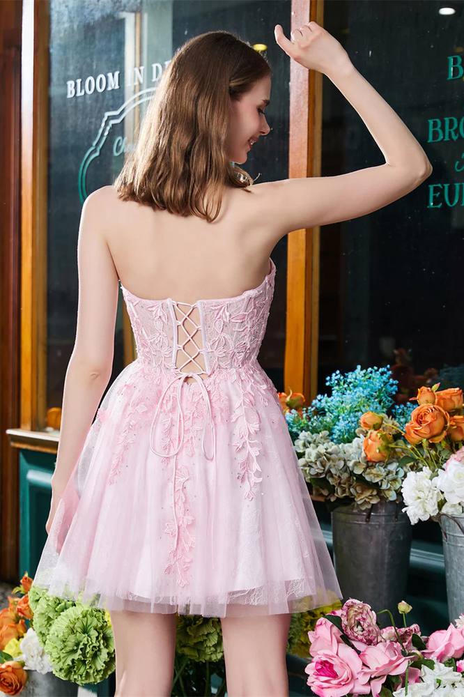 Blushing Pink Sweetheart Strapless Applique Lace-up A-line Mini Homecoming Dress Pink / US 10 Blushing Pink Sweetheart Strapless Applique Lace-up A-line Mini Homecoming Dress Pink / US 10