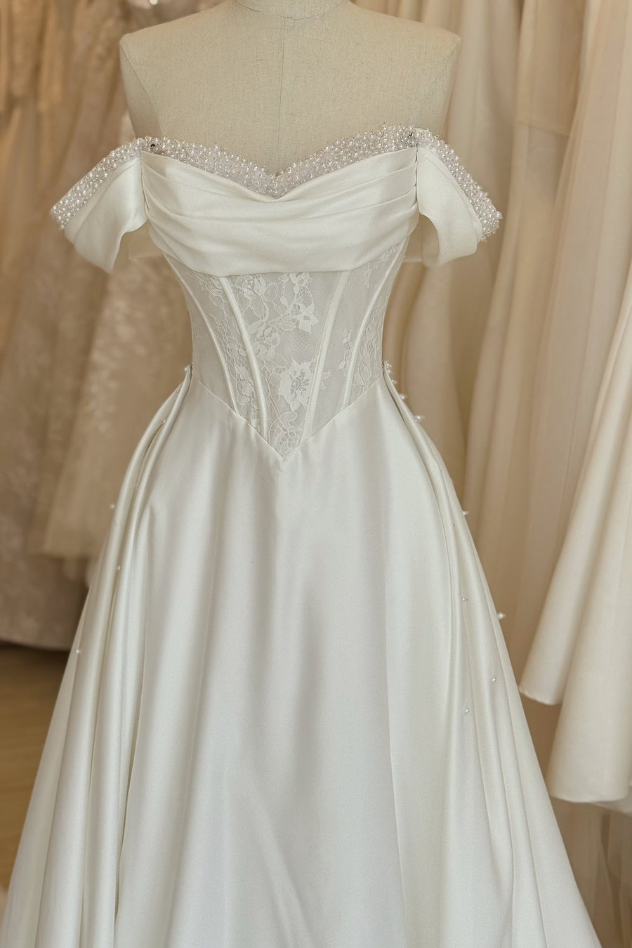 Elegant A-Line Off-Shoulder Lace Top Satin Wedding Dress With Train