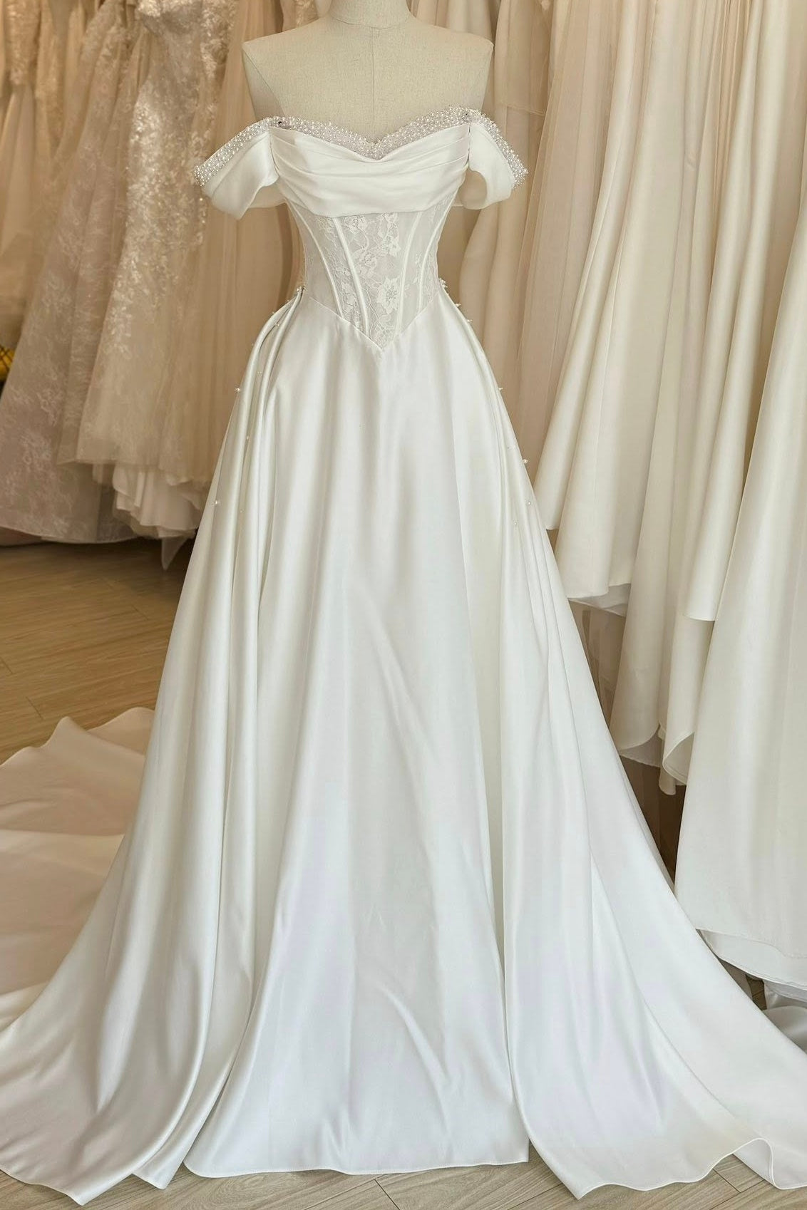 Elegant A-Line Off-Shoulder Lace Top Satin Wedding Dress With Train
