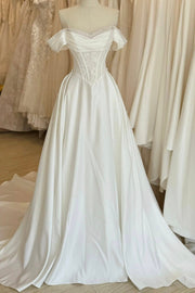Elegant A-Line Off-Shoulder Lace Top Satin Wedding Dress With Train