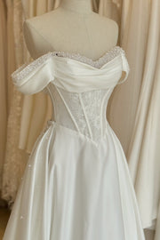 Elegant A-Line Off-Shoulder Lace Top Satin Wedding Dress With Train