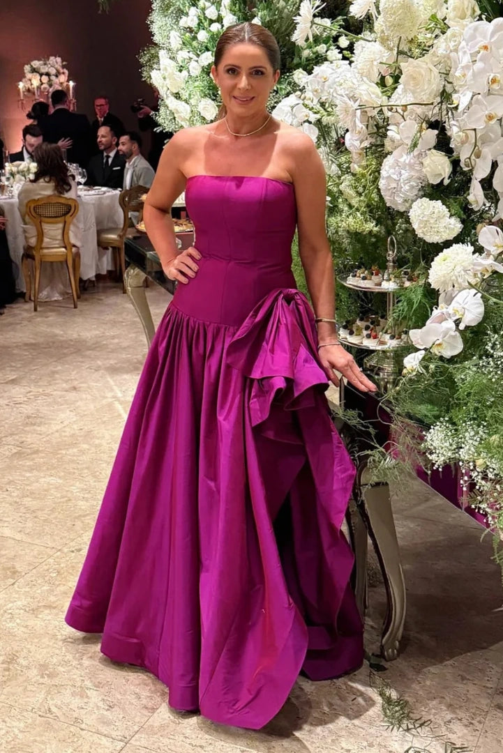 Elegant A-Line Satin Strapless Floor-Length Split Party Prom Dress