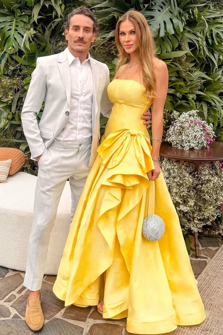 Elegant A-Line Satin Strapless Floor-Length Split Party Prom Dress