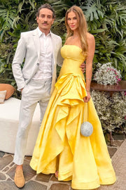 Elegant A-Line Satin Strapless Floor-Length Split Party Prom Dress