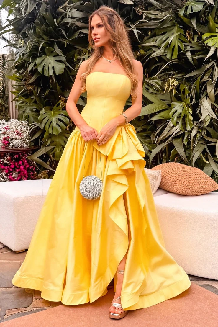 Elegant A-Line Satin Strapless Floor-Length Split Party Prom Dress