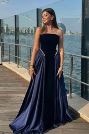 Elegant A-Line Strapless Two Tone Long Party Prom Dress With Pearls 