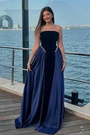 Elegant A-Line Strapless Two Tone Long Party Prom Dress With Pearls 