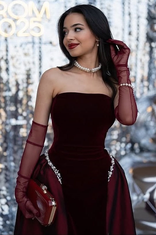 Elegant A-Line Strapless Two Tone Long Party Prom Dress With Pearls 