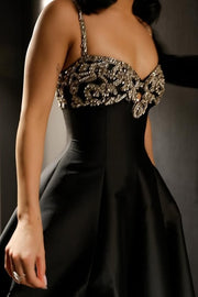 Elegant Black Satin A-Line Spaghetti Straps Empire Party Prom Dress