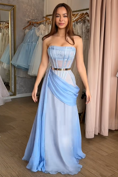 Elegant Blue Strapless Tulle A-Line Croset Maxi Party Prom Dress