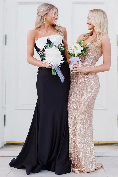 Elegant Bow Strapless Satin Mermaid Party Prom Dress With Train