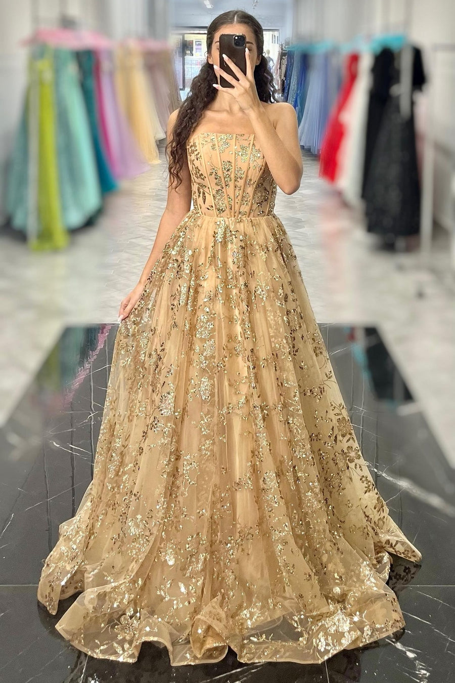 Elegant Lace A-Line Strapless Empire Long Party Prom Dress