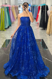 Elegant Lace A-Line Strapless Empire Long Party Prom Dress