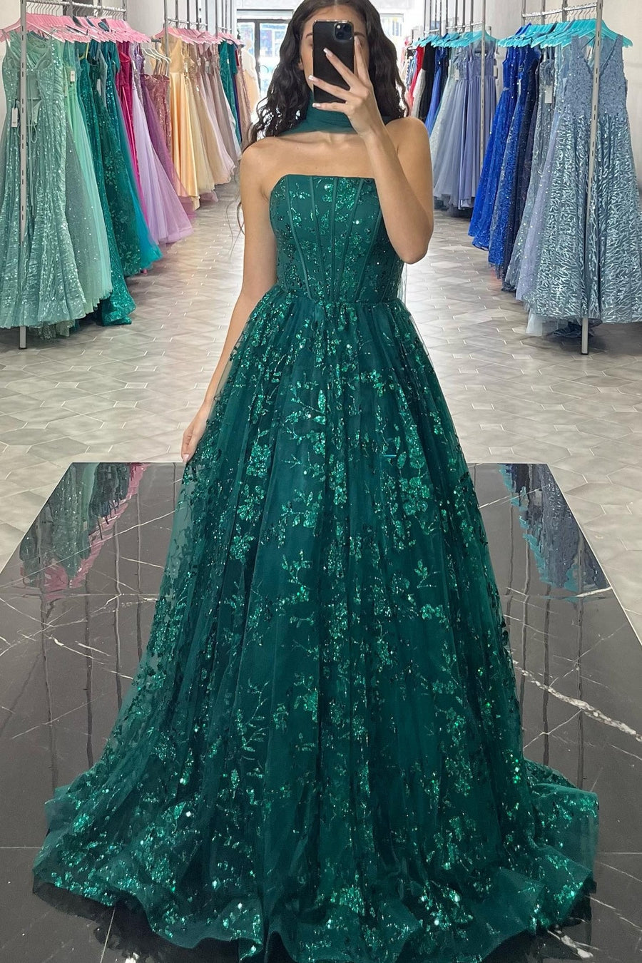 Elegant Lace A-Line Strapless Empire Long Party Prom Dress