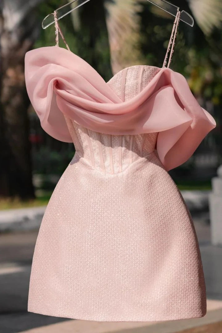 Elegant Off-Shoulder A-Line Empire Satin Pink Homecoming Dress