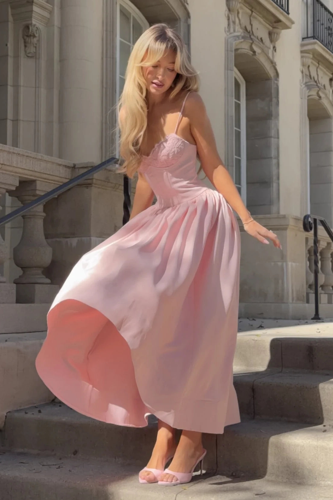 Elegant Pink Satin A-Line High Waist Sleeveless Party Prom Dress