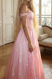 Elegant Pink Satin A-Line Off-Shoulder Empire Party Prom Dress