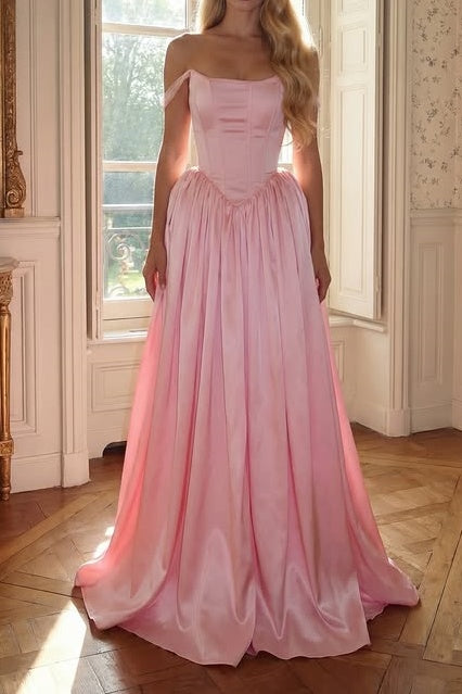 Elegant Pink Satin A-Line Off-Shoulder Empire Party Prom Dress