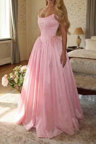 Elegant Pink Satin A-Line Off-Shoulder Empire Party Prom Dress