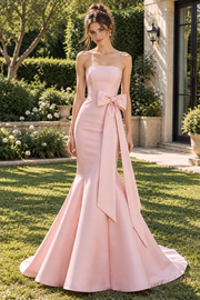 Elegant Pink Satin Strapless Empire Mermaid Party Prom Dress With Bow