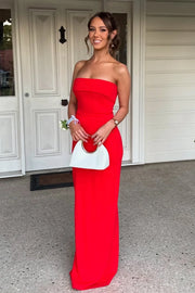 Elegant Red Satin Fitted Empire Sleeveless Long Party Prom Dress
