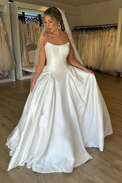 Elegant Satin A-Line Bateau Strapless Empire Wedding Dress White / US 14 Elegant Satin A-Line Bateau Strapless Empire Wedding Dress White / US 14