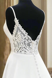 Elegant Satin A-Line Low V-Neck Appliques With Train Wedding Dress