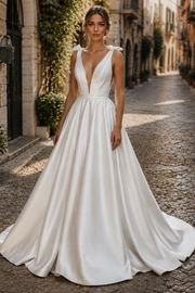 Elegant Satin A-Line Low V-Neck Straps Backless Wedding Dress