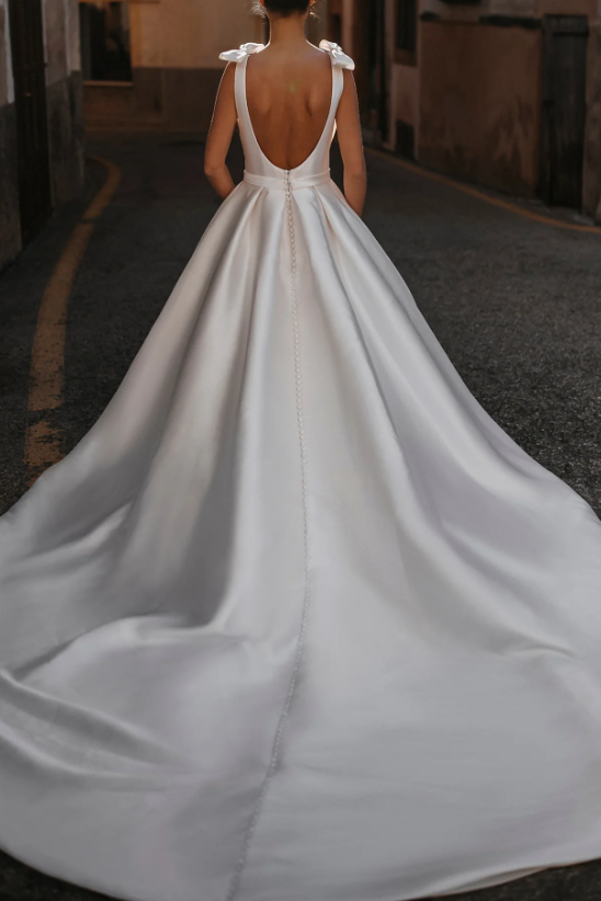 Elegant Satin A-Line Low V-Neck Straps Backless Wedding Dress