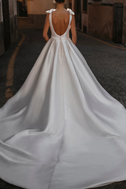 Elegant Satin A-Line Low V-Neck Straps Backless Wedding Dress