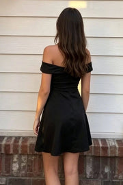 Elegant Satin A-Line Off-Shoulder Black Short Party Homecoming Dress