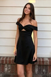 Elegant Satin A-Line Off-Shoulder Black Short Party Homecoming Dress