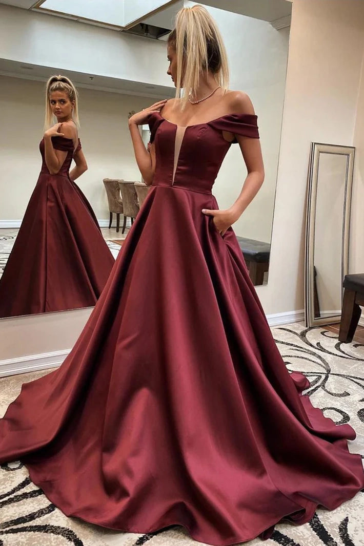 Elegant Satin A-Line Off-Shoulder Sleeveless Prom Party Dress