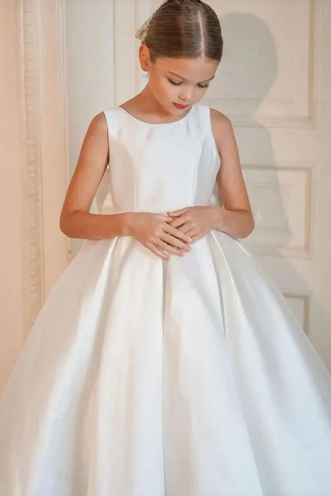 Elegant Satin A-Line Scoop Flower Girl Dress With Bow White / US 14
