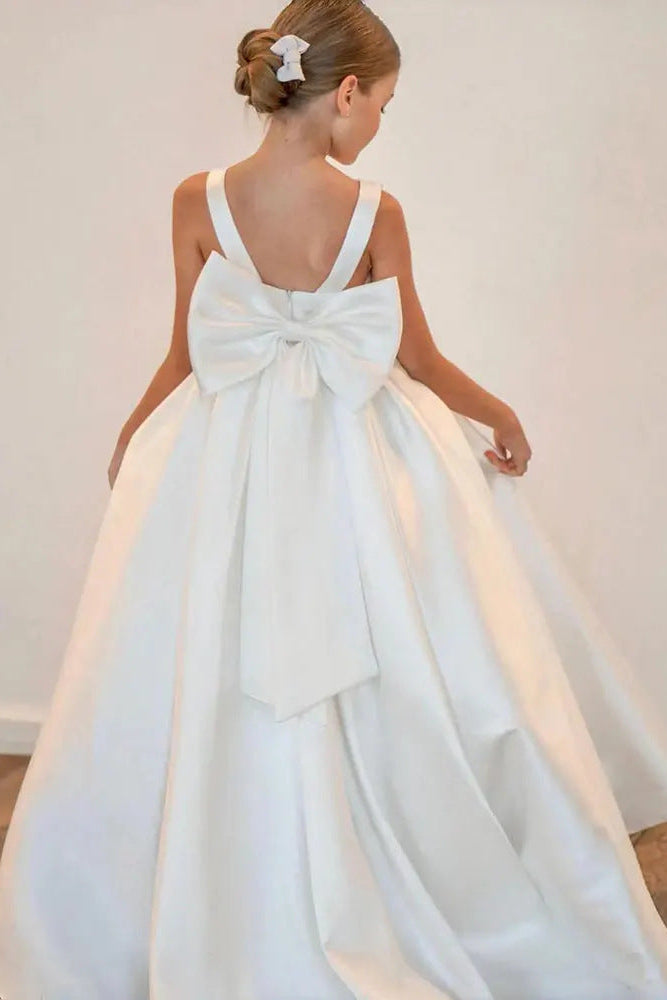 Elegant Satin A-Line Scoop Flower Girl Dress with Bow White / US 14 Elegant Satin A-Line Scoop Flower Girl Dress with Bow White / US 14