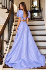 Elegant Satin A-Line Short Sleeves Open Back Party Prom Dress With Train
