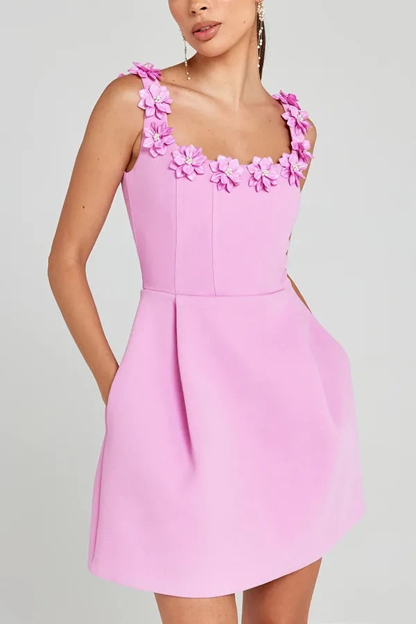 Elegant Satin A-Line Square Florals Homecoming Dress With Pockets