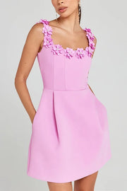 Elegant Satin A-Line Square Florals Homecoming Dress With Pockets