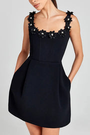 Elegant Satin A-Line Square Florals Homecoming Dress With Pockets