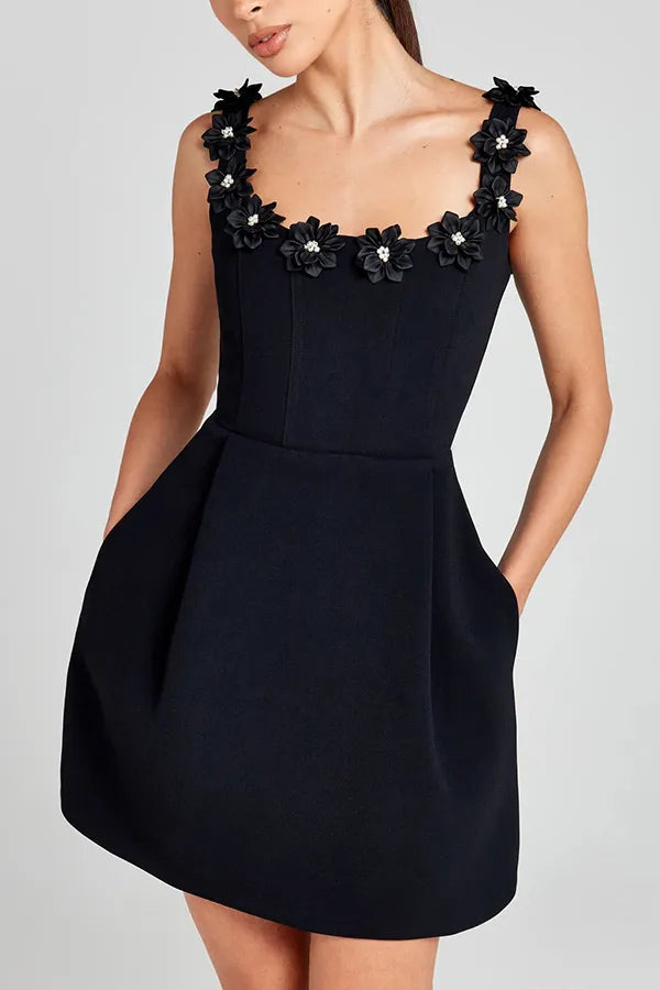 Elegant Satin A-Line Square Florals Homecoming Dress With Pockets