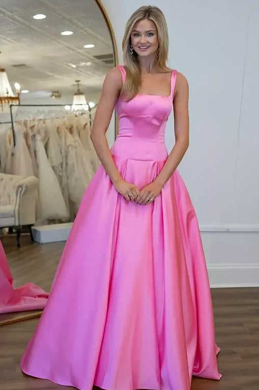 Elegant Satin A-Line Square Sleeveless Maxi Party Prom Dress