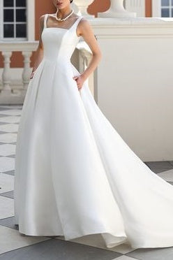 Elegant Satin A-Line Square Spaghetti Straps Wedding Dress