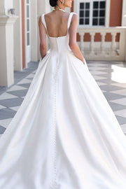 Elegant Satin A-Line Square Spaghetti Straps Wedding Dress