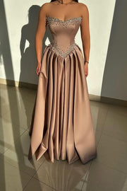 Elegant Satin A-Line Strapless Empire Beaded Party Prom Dress 