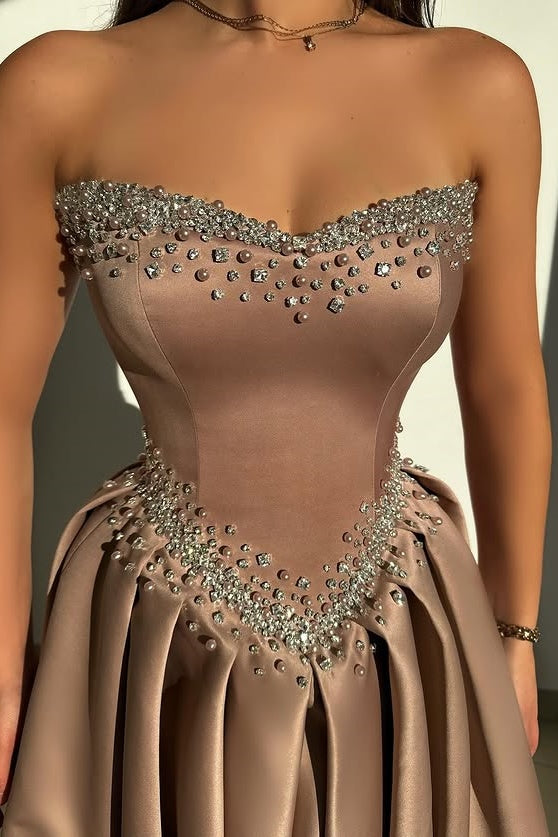 Elegant Satin A-Line Strapless Empire Beaded Party Prom Dress 
