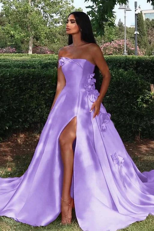 Elegant Satin A-Line Strapless Floral Appliques Split Party Prom Dress 