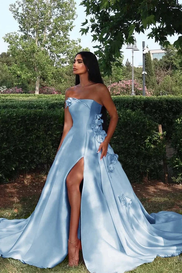 Elegant Satin A-Line Strapless Floral Appliques Split Party Prom Dress